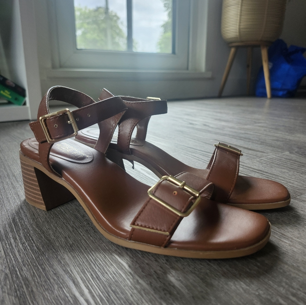 Brown Faux Leather Block Heel Sandals